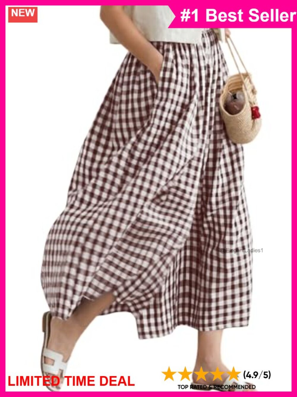 Cotton Linen Gingham Wide Leg Capri Palazzo Pants Elastic Waist